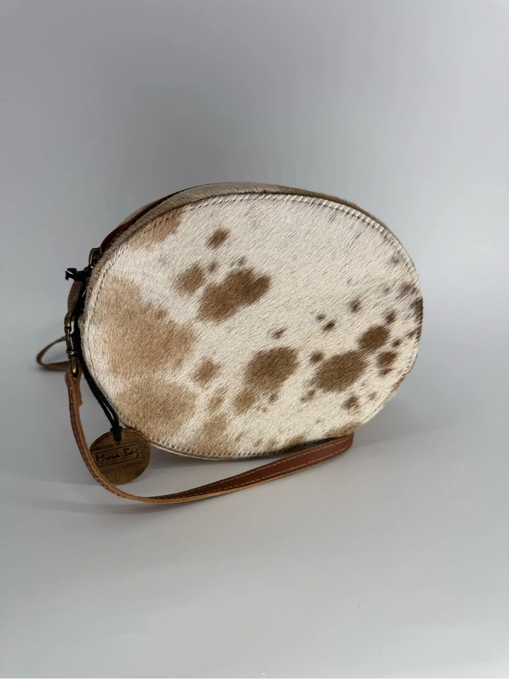 Myra Bag Brown Leather Round Crossbody with Tooled Detail